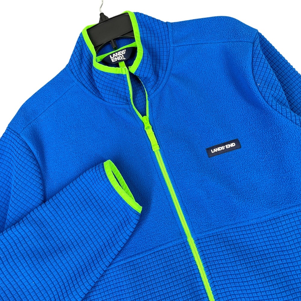Lands‎ End Full Zip Fleece Jacket Mens L Grid Neon Trim Outdoor Hiking Layer